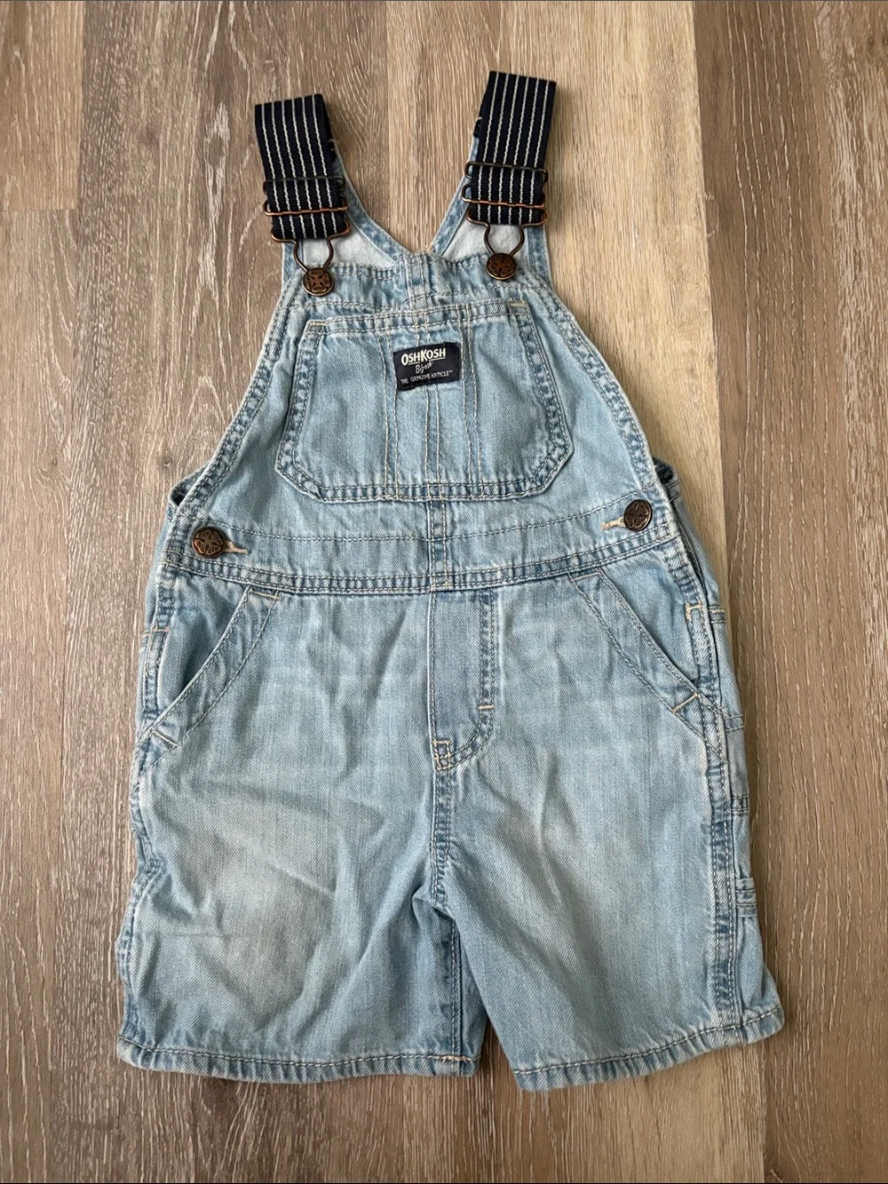 OshKosh B'gosh Light Blue Denim Short Overalls with Striped Straps